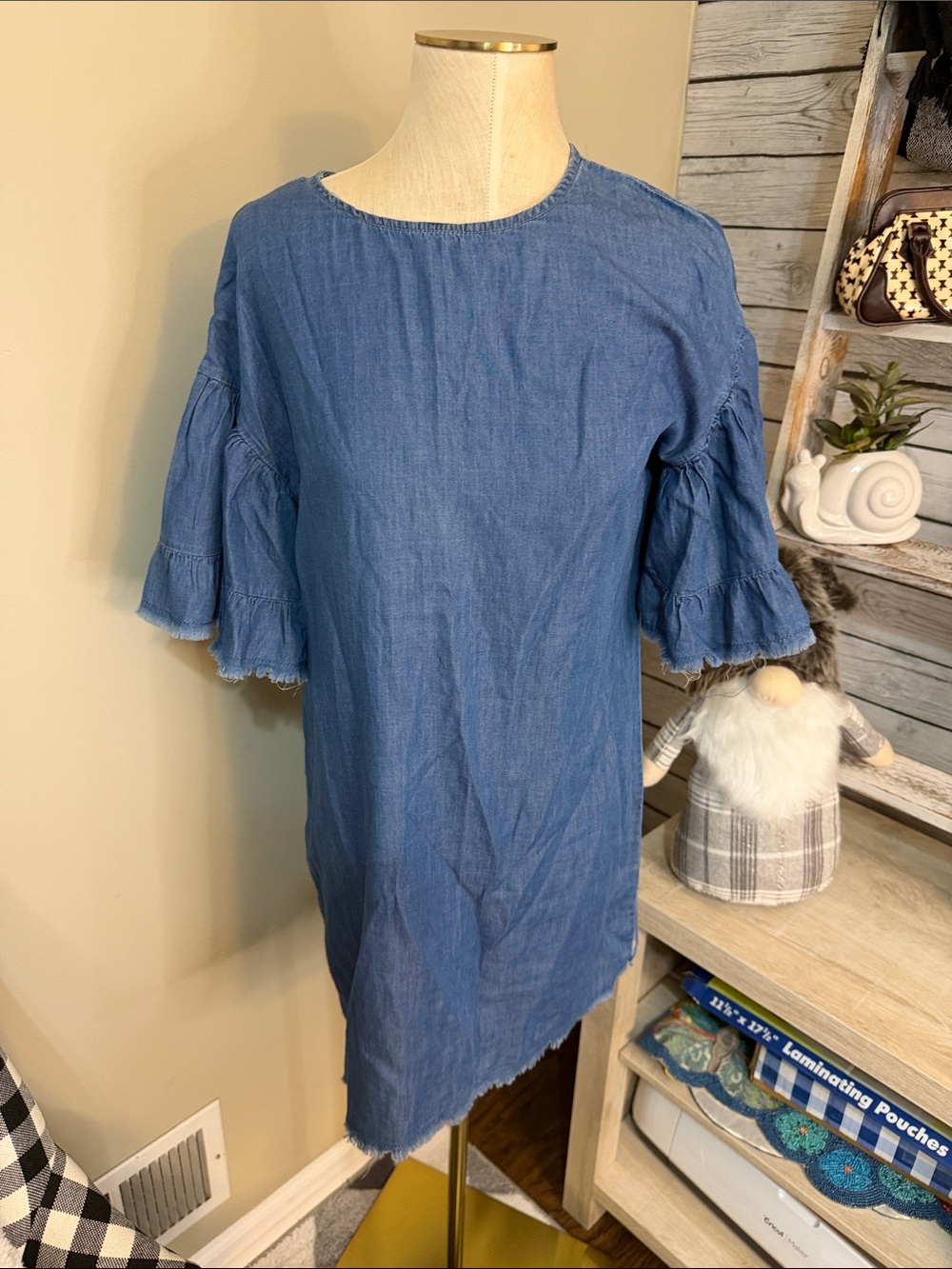 Style Envy  Blue Chambray Ruffle-Sleeve Tunic Dress